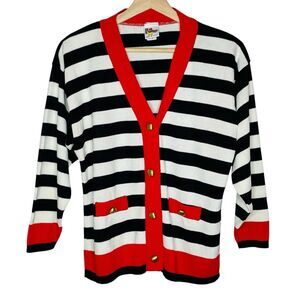 Vintage Hot Fudge Cardigan Women’s Large 14 Red Black White Striped USA